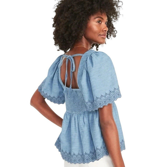 Old Navy Womens XL Chambray Flutter Sleeve Top Blouse Tie Back Boho Square Neck - Picture 9 of 15